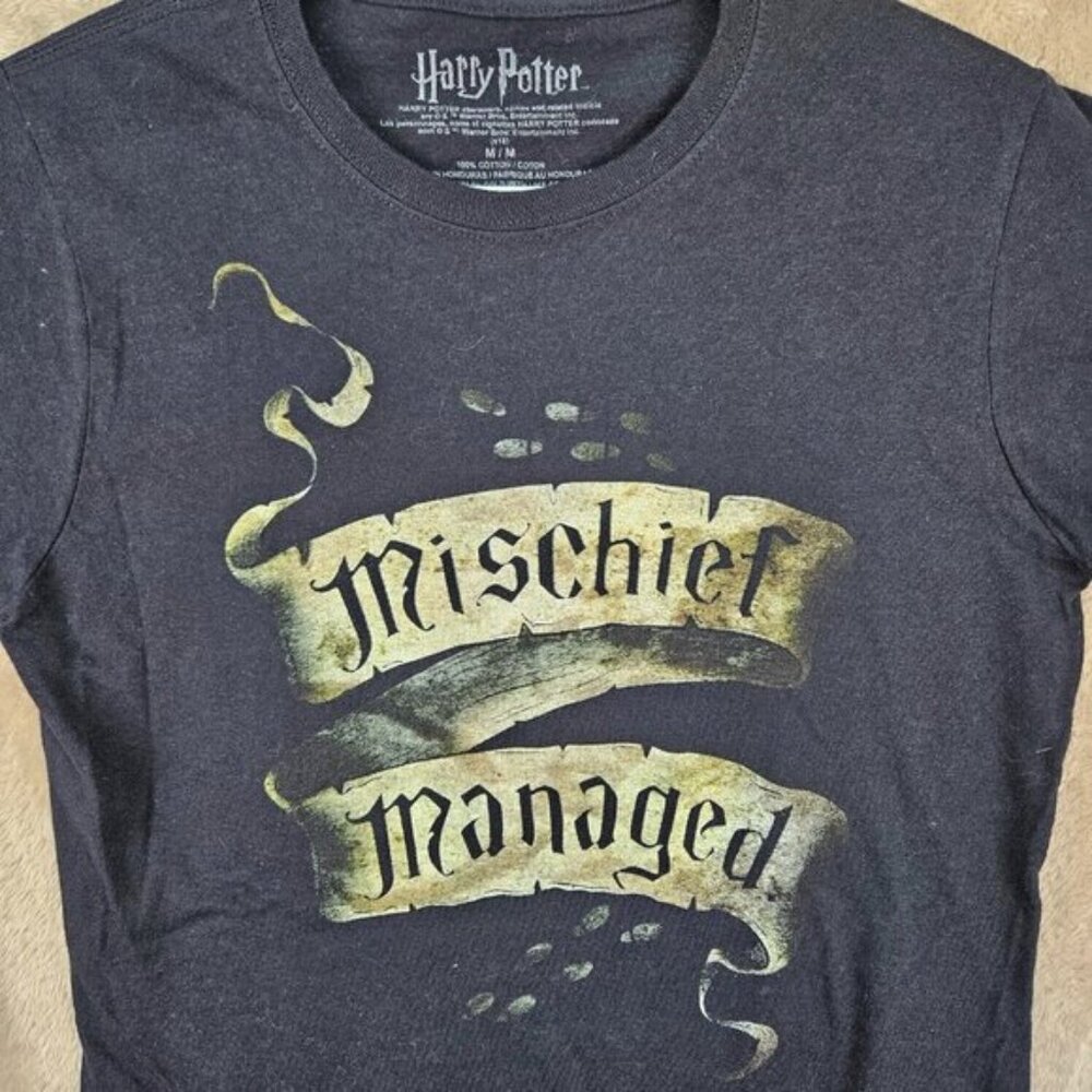Harry Potter T-Shirt Mischief Managed Spell Out Logo Black Tee Short Sleeve - Picture 3 of 7